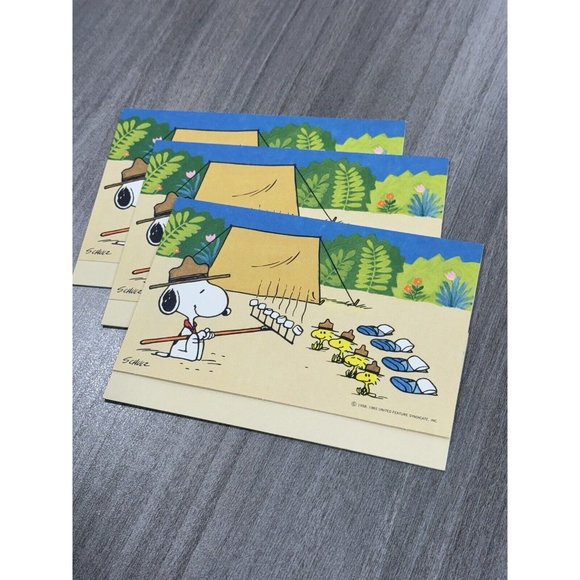 Vintage Greeting Card Notes Peanuts Snoopy Woodstock Camp Set Of 3 D8 - Picture 1 of 2